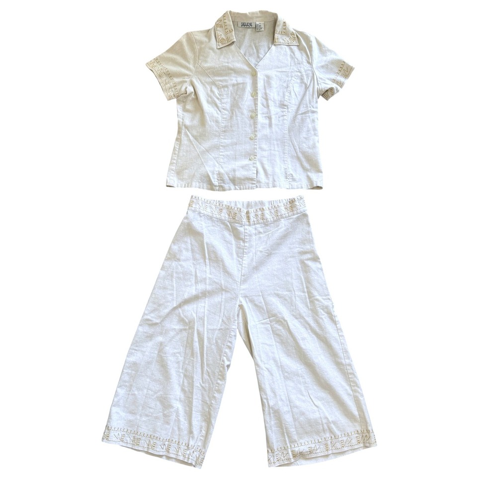 Vintage Embroidered Linen Blend 2 Piece Set Cream Medium Coastal Resort Minimal